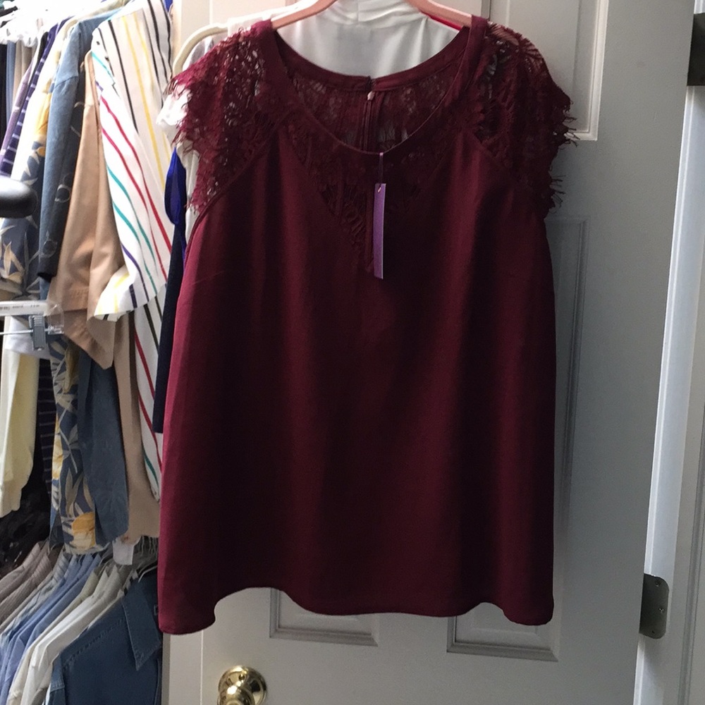 NWT Truly Poppy maroon top with lace detail; 2X